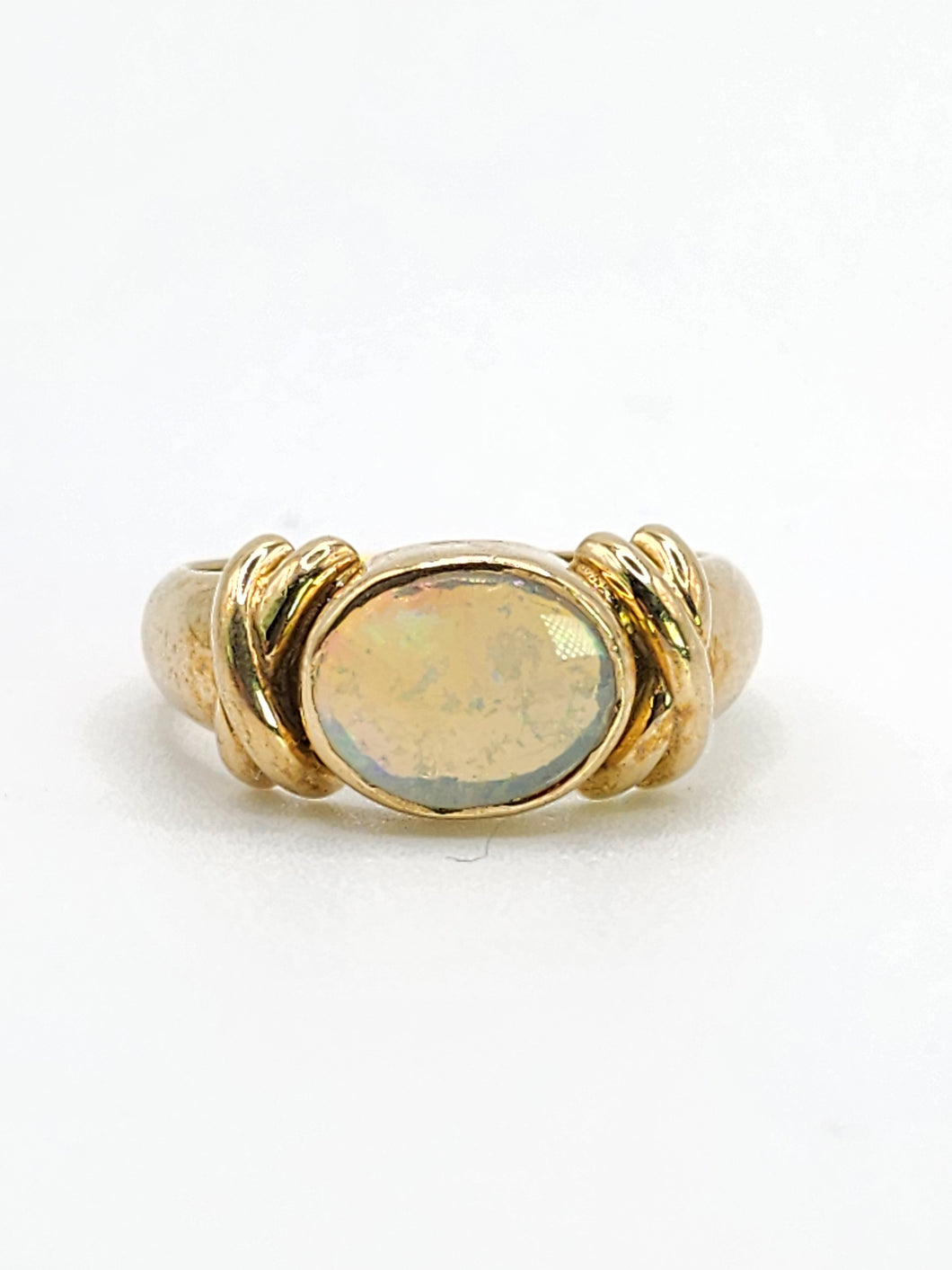 2008: Vintage; 9ct Gold Large Cabochon White Opal Signet Ring- colourful statement