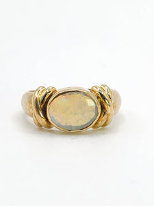 2008: Vintage; 9ct Gold Large Cabochon White Opal Signet Ring- colourful statement