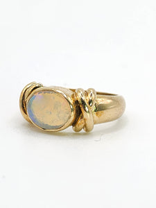 2008: Vintage; 9ct Gold Large Cabochon White Opal Signet Ring- colourful statement