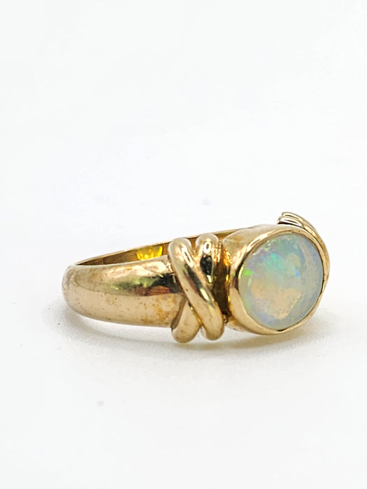 2008: Vintage; 9ct Gold Large Cabochon White Opal Signet Ring- colourful statement