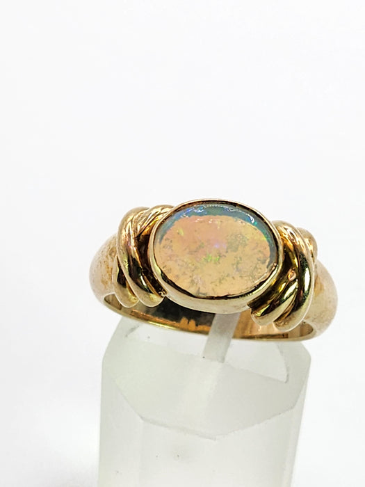 2008: Vintage; 9ct Gold Large Cabochon White Opal Signet Ring- colourful statement