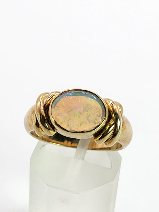 2008: Vintage; 9ct Gold Large Cabochon White Opal Signet Ring- colourful statement