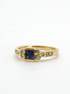 2010: Vintage: 18ct Gold French Blue Sapphires Diamonds Dress/Stacker Ring- demure, sparkling