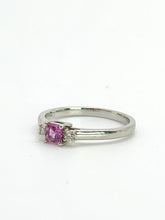 Cargar imagen en el visor de la galería, 2020: Vintage: Platinum Pink Sapphire Diamonds 3-Stone Straight Ring- Crisp, Clean, Eye candy
