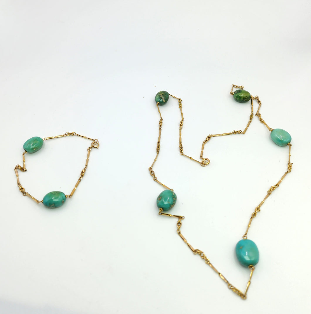 1903: Antique: Victorian 9ct Gold Turquoise Necklace (61cm) & Bracelet (18cm) Set