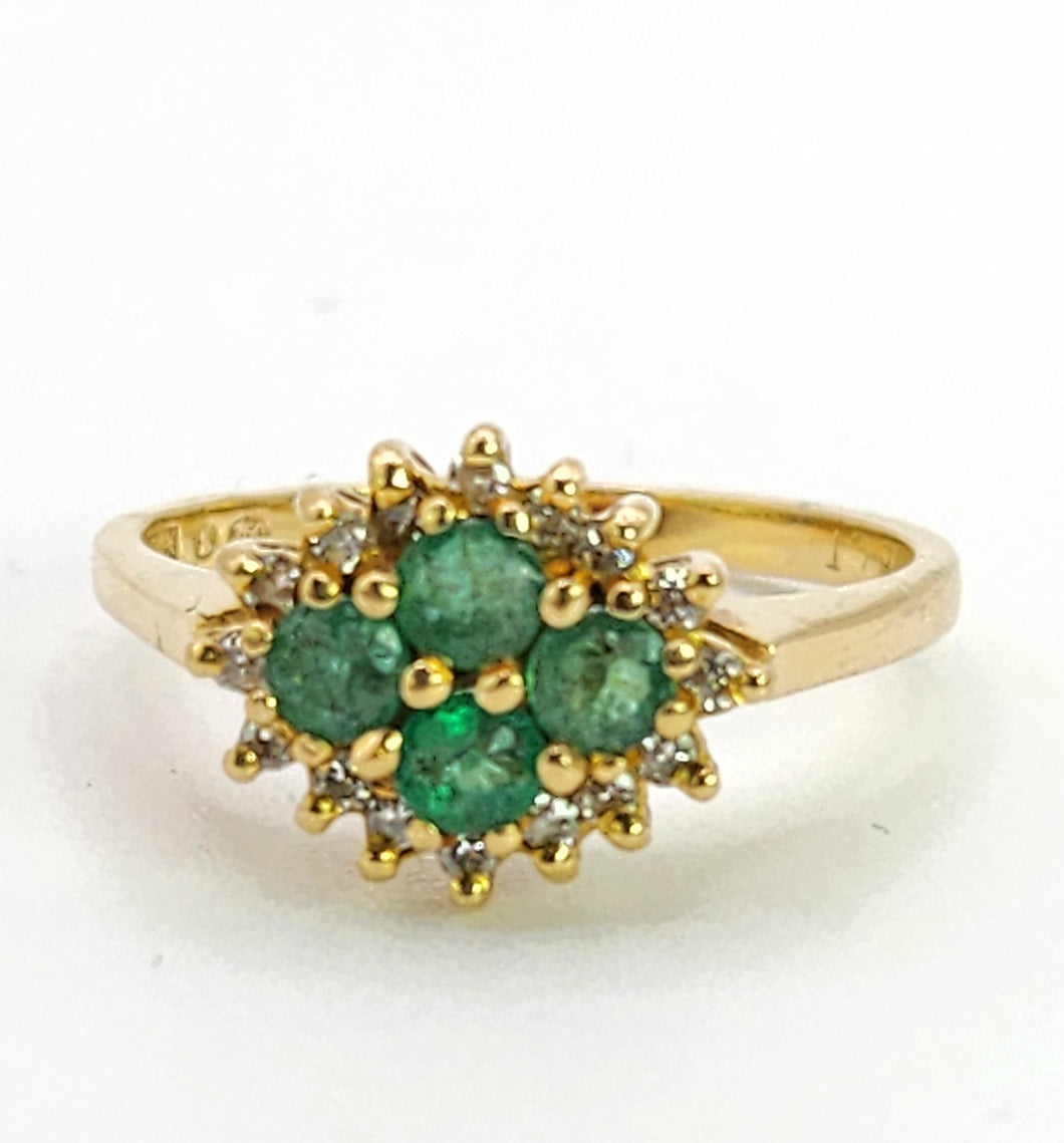 1888L Vintage: 18ct Gold Emeralds  16 Diamonds Cluster Ring- Geometric beauty