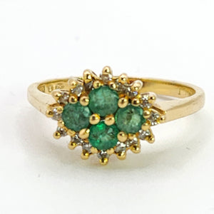 1888L Vintage: 18ct Gold Emeralds &nbsp;16 Diamonds Cluster Ring- Geometric beauty