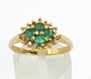 1888L Vintage: 18ct Gold Emeralds &nbsp;16 Diamonds Cluster Ring- Geometric beauty