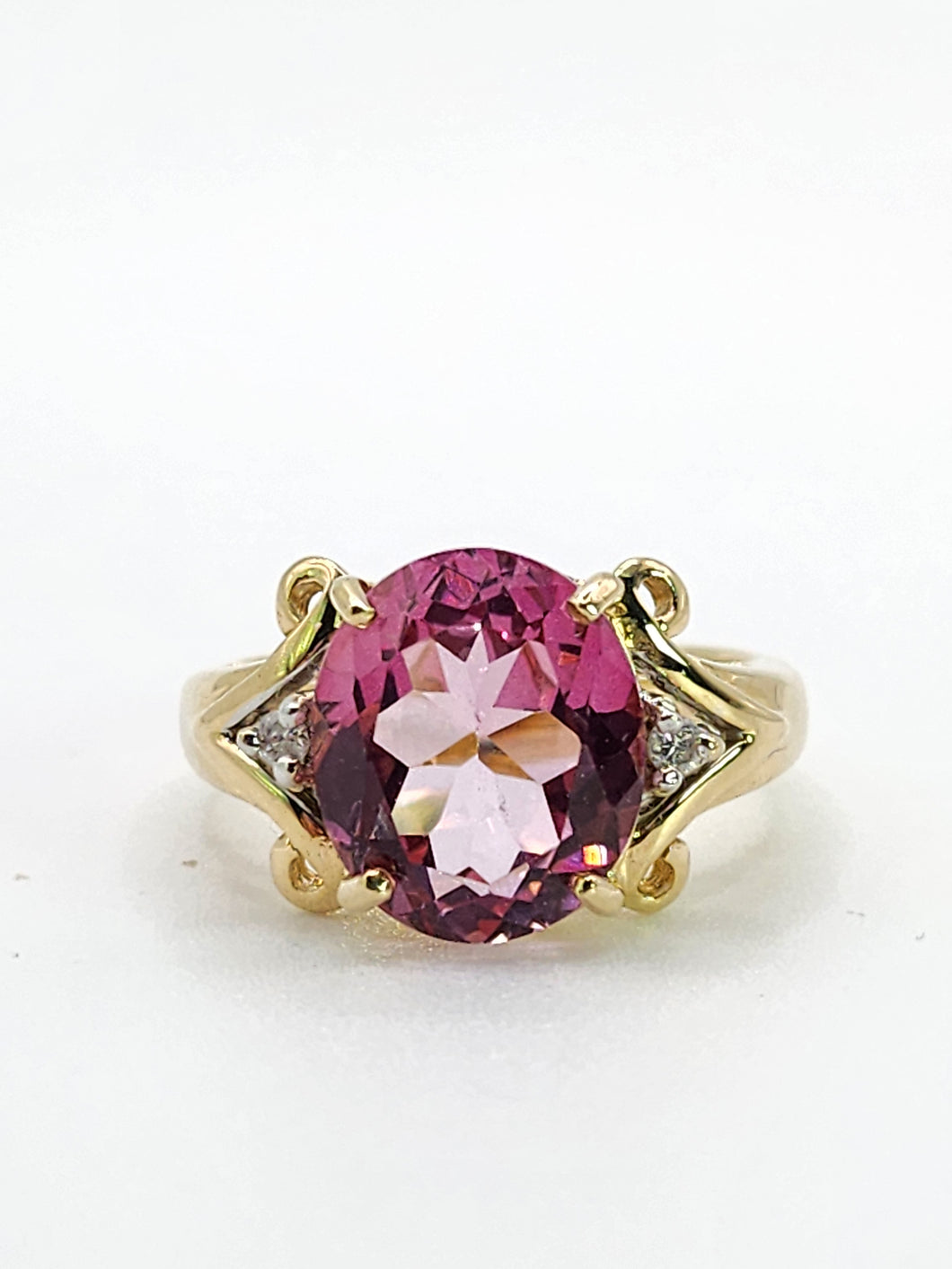 1956: Vintage; 9ct Gold Barbie Pink Topaz Diamonds Cocktail Ring- Pink statement stone