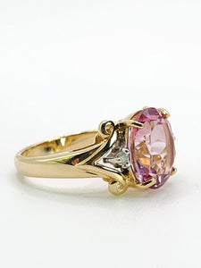1956: Vintage; 9ct Gold Barbie Pink Topaz Diamonds Cocktail Ring- Pink statement stone