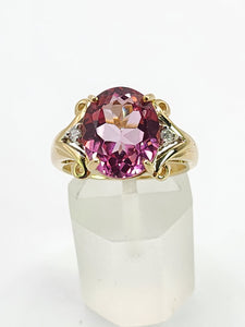 1956: Vintage; 9ct Gold Barbie Pink Topaz Diamonds Cocktail Ring- Pink statement stone