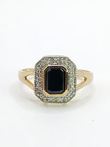 2048: Vintage: 9ct Gold Art Deco Style French Blue Sapphires 12 Diamonds Ring- Geometric beauty
