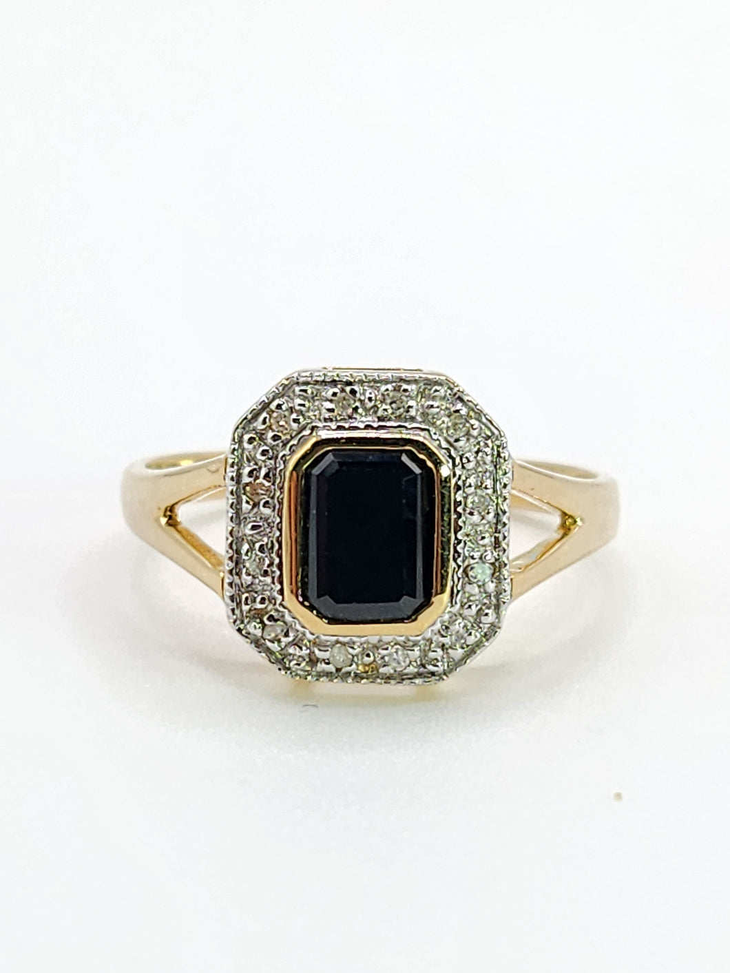 2048: Vintage: 9ct Gold Art Deco Style French Blue Sapphires 12 Diamonds Ring- Geometric beauty