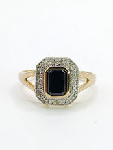 Cargar imagen en el visor de la galería, 2048: Vintage: 9ct Gold Art Deco Style French Blue Sapphires 12 Diamonds Ring- Geometric beauty
