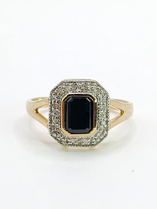 2048: Vintage: 9ct Gold Art Deco Style French Blue Sapphires 12 Diamonds Ring- Geometric beauty