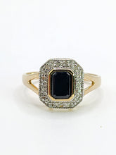 Cargar imagen en el visor de la galería, 2048: Vintage: 9ct Gold Art Deco Style French Blue Sapphires 12 Diamonds Ring- Geometric beauty
