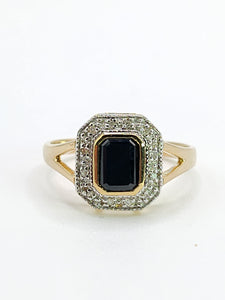 2048: Vintage: 9ct Gold Art Deco Style French Blue Sapphires 12 Diamonds Ring- Geometric beauty