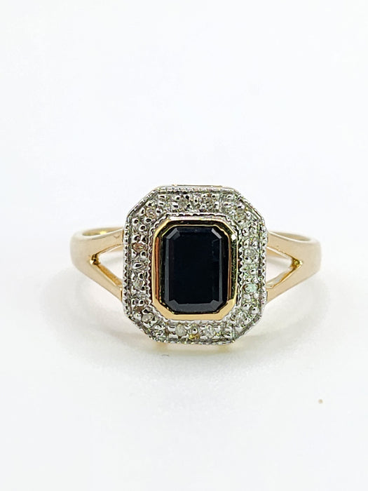 2048: Vintage: 9ct Gold Art Deco Style French Blue Sapphires 12 Diamonds Ring- Geometric beauty