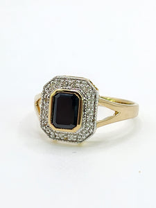 2048: Vintage: 9ct Gold Art Deco Style French Blue Sapphires 12 Diamonds Ring- Geometric beauty