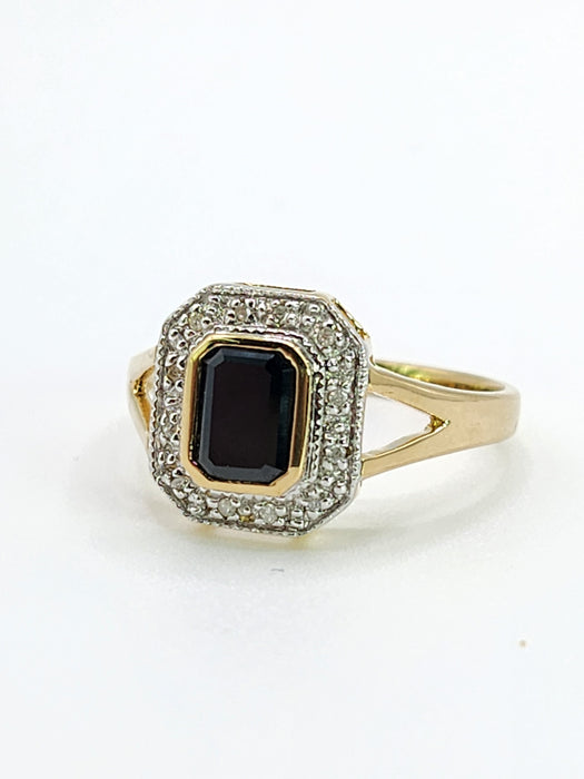 2048: Vintage: 9ct Gold Art Deco Style French Blue Sapphires 12 Diamonds Ring- Geometric beauty