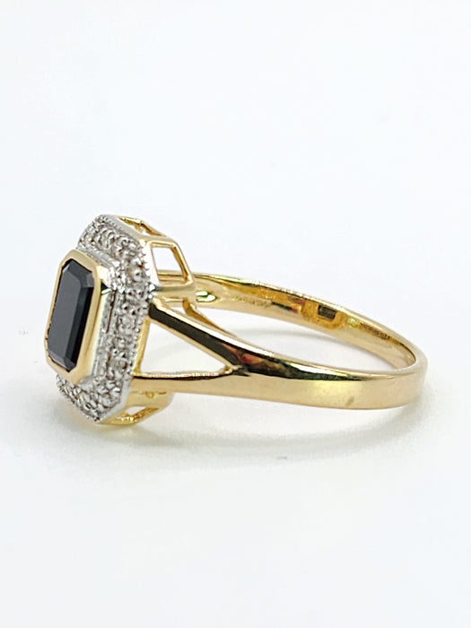 2048: Vintage: 9ct Gold Art Deco Style French Blue Sapphires 12 Diamonds Ring- Geometric beauty