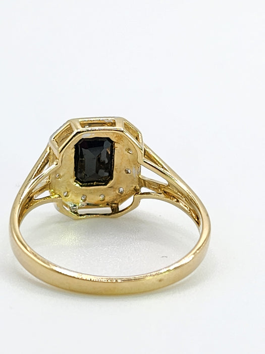 2048: Vintage: 9ct Gold Art Deco Style French Blue Sapphires 12 Diamonds Ring- Geometric beauty