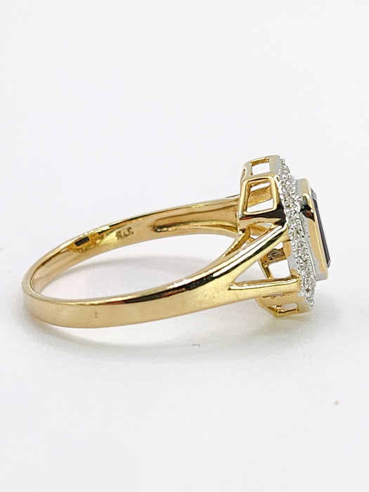 2048: Vintage: 9ct Gold Art Deco Style French Blue Sapphires 12 Diamonds Ring- Geometric beauty