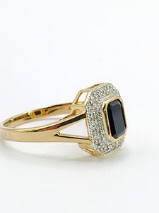 2048: Vintage: 9ct Gold Art Deco Style French Blue Sapphires 12 Diamonds Ring- Geometric beauty