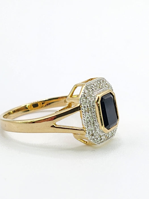 2048: Vintage: 9ct Gold Art Deco Style French Blue Sapphires 12 Diamonds Ring- Geometric beauty