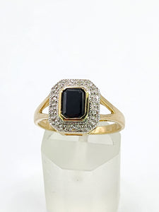 2048: Vintage: 9ct Gold Art Deco Style French Blue Sapphires 12 Diamonds Ring- Geometric beauty