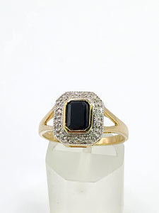 2048: Vintage: 9ct Gold Art Deco Style French Blue Sapphires 12 Diamonds Ring- Geometric beauty