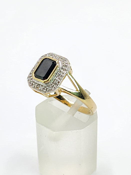 2048: Vintage: 9ct Gold Art Deco Style French Blue Sapphires 12 Diamonds Ring- Geometric beauty