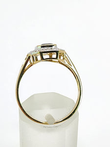 2048: Vintage: 9ct Gold Art Deco Style French Blue Sapphires 12 Diamonds Ring- Geometric beauty