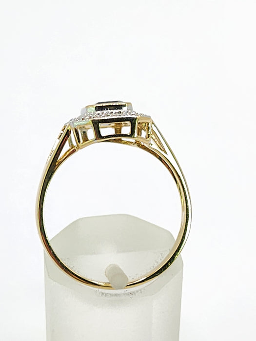 2048: Vintage: 9ct Gold Art Deco Style French Blue Sapphires 12 Diamonds Ring- Geometric beauty