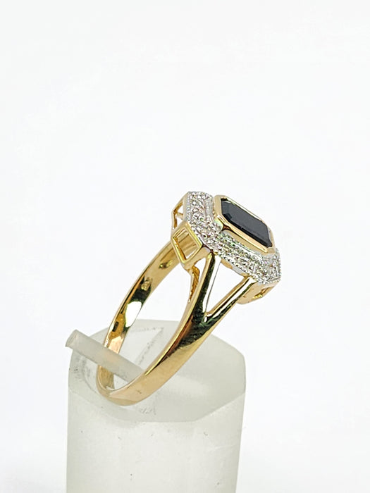 2048: Vintage: 9ct Gold Art Deco Style French Blue Sapphires 12 Diamonds Ring- Geometric beauty
