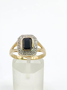 2048: Vintage: 9ct Gold Art Deco Style French Blue Sapphires 12 Diamonds Ring- Geometric beauty