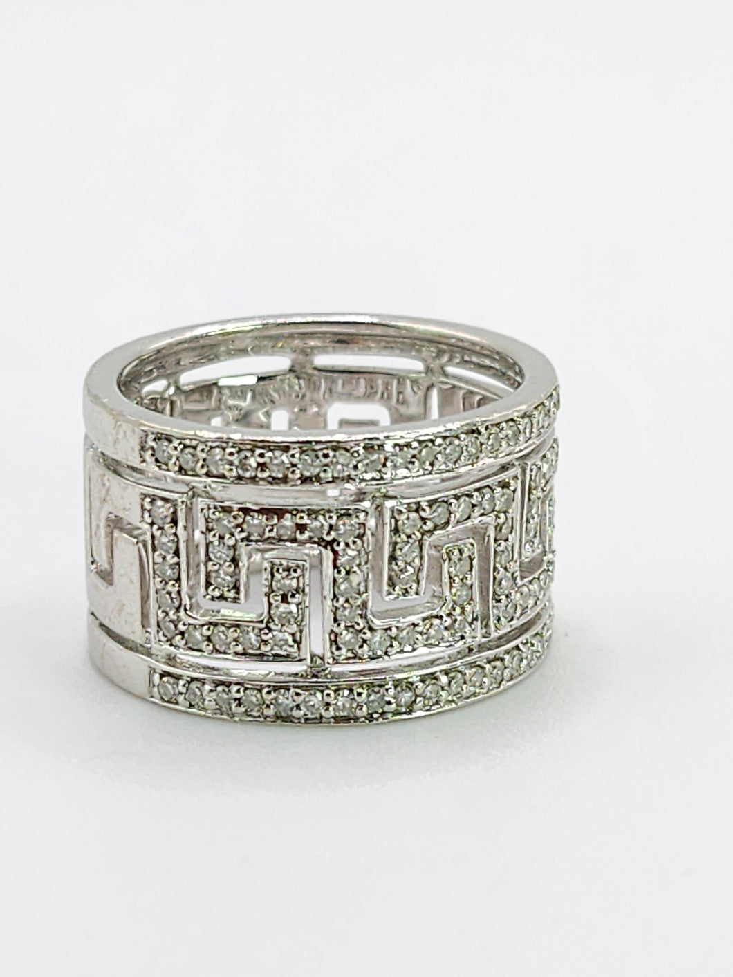 2068: Vintage; 9ct White Gold Diamonds Encrusted Greek Key Design Ring- Sparkling statement.