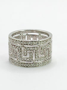 2068: Vintage; 9ct White Gold Diamonds Encrusted Greek Key Design Ring- Sparkling statement.