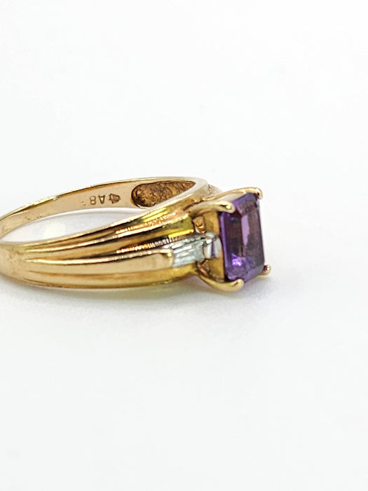 6452: Vintage; 9ct Gold Emerald Cut Lilac Amethyst Diamonds 3-Stone Ring