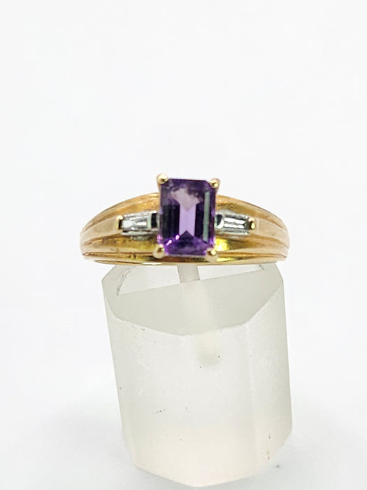 6452: Vintage; 9ct Gold Emerald Cut Lilac Amethyst Diamonds 3-Stone Ring