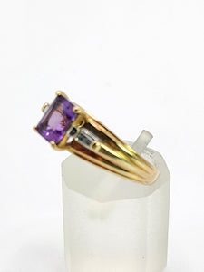Vintage; 9ct Gold Emerald Cut Lilac Amethyst Diamonds 3-Stone Ring