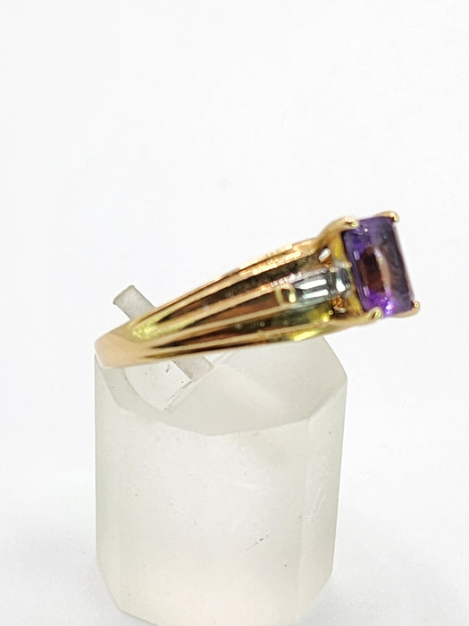 6452: Vintage; 9ct Gold Emerald Cut Lilac Amethyst Diamonds 3-Stone Ring
