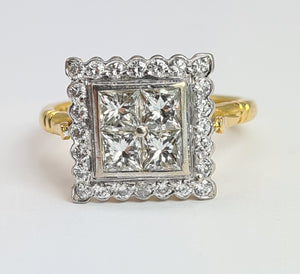1944: Vintage; 18ct Gold Art Deco Style Diamonds (1.75ct) Square Cluster Ring- Fabulous