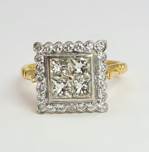 1944: Vintage; 18ct Gold Art Deco Style Diamonds (1.75ct) Square Cluster Ring- Fabulous