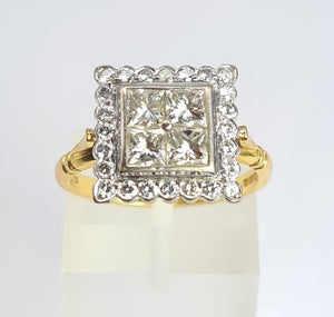 1944: Vintage; 18ct Gold Art Deco Style Diamonds (1.75ct) Square Cluster Ring- Fabulous