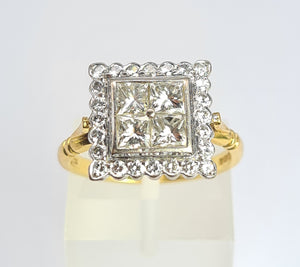 1944: Vintage; 18ct Gold Art Deco Style Diamonds (1.75ct) Square Cluster Ring- Fabulous