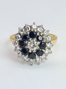 1947: Vintage: 18ct Gold French Blue Sapphires Diamonds (1.05ct) Target Ring- Fabulous