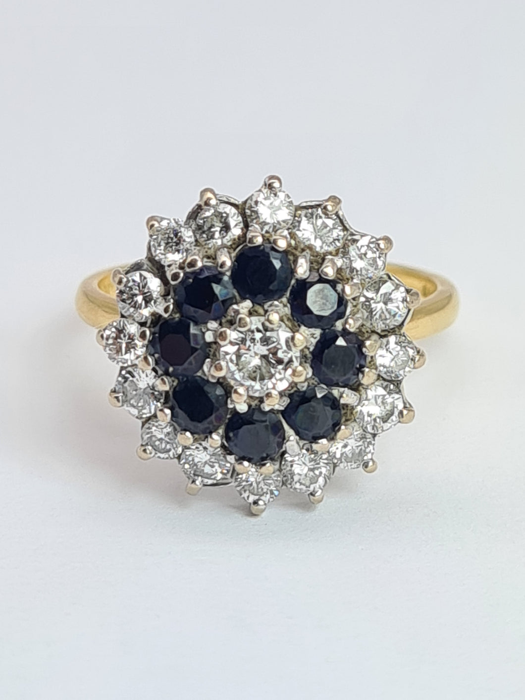 1947: Vintage: 18ct Gold French Blue Sapphires Diamonds (1.05ct) Target Ring- Fabulous