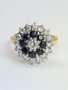 1947: Vintage: 18ct Gold French Blue Sapphires Diamonds (1.05ct) Target Ring- Fabulous