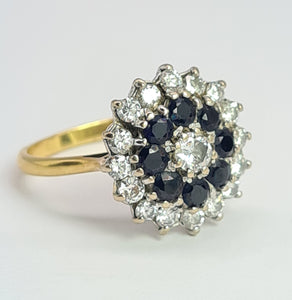 1947: Vintage: 18ct Gold French Blue Sapphires Diamonds (1.05ct) Target Ring- Fabulous